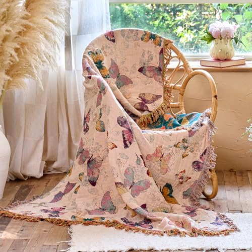 Boho Butterfly Throw Blanket 50"x60" Couch Blanket,100% Cotton Reversible Soft Breathable Lightweight Spring Decorative Blankets with Tassels for Sofa Bed Decor All Season - color: Butterfly-white, size: 50"x60"