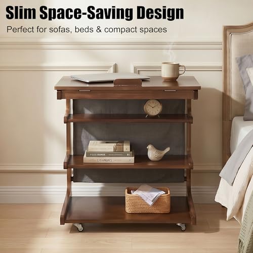 100% Solid Wood C Shaped End Table with Swivel Wheels, Lift Top Couch Table with Storage, Rolling Table that Slide Under Sofa & Bed, 15.75" D x 23.62" W x 24.8" H