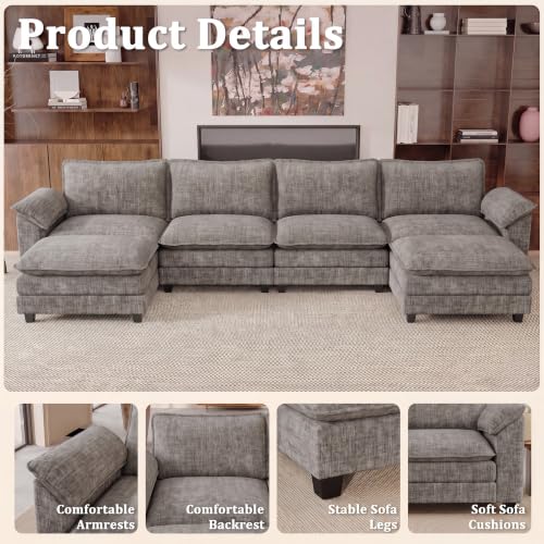 JUMMICO 159" U-Shaped Shaped Sectional Couch, Modular Cloud Sofa,Light Grey | 2 Movable Ottoman,4 Deep Seats, Sturdy Frame, Comfy Chenille, Easy Assembly, Sleeper Sofa for Living Room, Apartment - color: Light Grey, size: U Shaped Sofa