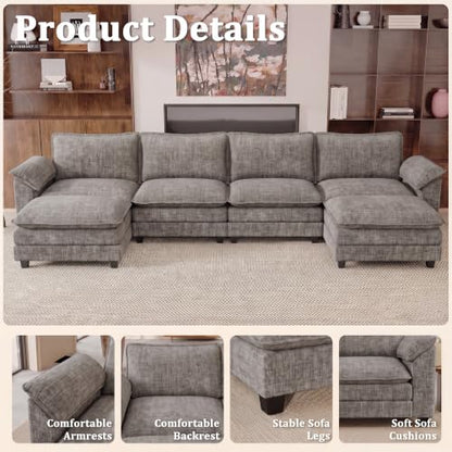 JUMMICO 159" U-Shaped Shaped Sectional Couch, Modular Cloud Sofa,Light Grey | 2 Movable Ottoman,4 Deep Seats, Sturdy Frame, Comfy Chenille, Easy Assembly, Sleeper Sofa for Living Room, Apartment - color: Light Grey, size: U Shaped Sofa