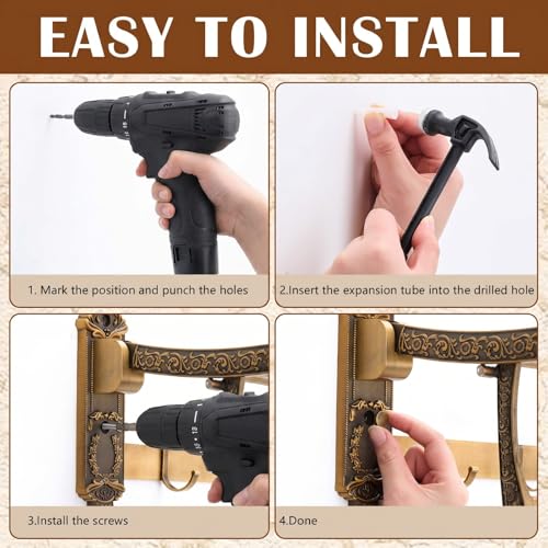 Brass Foldable Towel Rack with Hooks, Foldable Wall Mounted Bathroom Shelf Towel Bars Antique Gold Aluminum Rail Holder for Bathroom, Entryway, and Kitchen(2-Tier European Style,24") - size: 24", style: 2-tier European Style