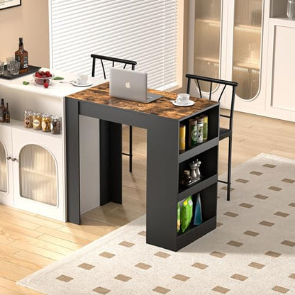 VECELO Small Bar Table and Chairs Tall Kitchen Breakfast Nook with Stools/Dining Set for 2, Storage Shelves, Space-Saving, Retro - color: Retro