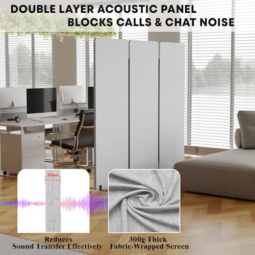 3 Panel Soundproof Room Divider W/Wheels, Office Divider with Whiteboard | 66" H with Detachable Whiteboard/Clips/Hooks/Pushpins,Wheeled Room Dividers, Easy to Move,For Conference Room Partitions - color: Grey, size: 3-Panel-with Board