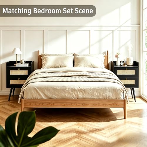 Rattan Nightstands Set of 2, Boho Bedside Table with 2 Drawers | Nightstands Set of 2 with Charging Station, Open Storage End Tables for Bedroom, Small Spaces and Dorm, Solid Wood Legs,Black - color: Black
