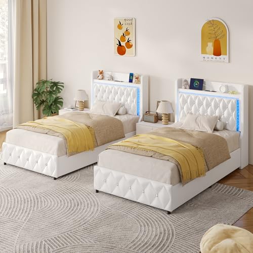 Twin Bed Frame with LED Lights & Charging Station, Upholstered Bed Frame Twin Size with Storage Headboard & 2 Drawers, Diamond Tufted, Curved Wingback, PU Leather, No Box Spring Needed, White - color: White, size: Twin
