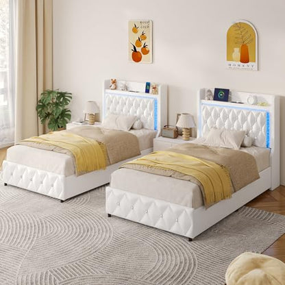 Twin Bed Frame with LED Lights & Charging Station, Upholstered Bed Frame Twin Size with Storage Headboard & 2 Drawers, Diamond Tufted, Curved Wingback, PU Leather, No Box Spring Needed, White - color: White, size: Twin