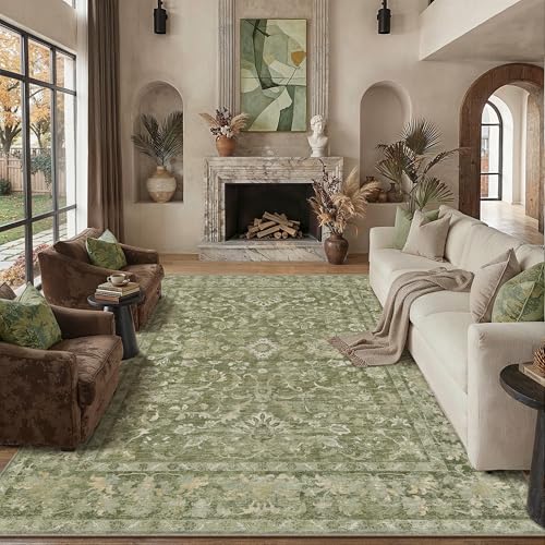 8x10 Green Neutral Large Area Rug | Washable, Non Slip, Low Pile, Soft, Vintage, Distressed, Floral, Farmhouse, for Living room Bedroom Dining Room Office - color: Green, size: 8' x 10' (Rectangular)