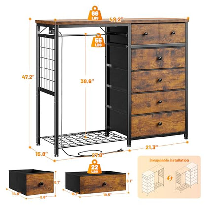 EnHomee 125cm W 드레서, 걸이용 랙 및 서랍 6개, 그리드 패널 및 후크 4개 포함 | LED 조명 및 충전 스테이션, 침실용 나무 상단 정리 유닛, 스틸 프레임이 있는 서랍장, 브라운 - color: 러스틱 브라운.