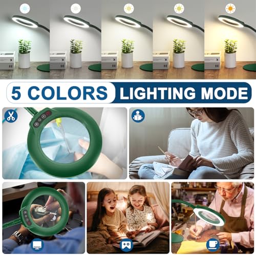 IVMAIE 12X Magnifying Glass with Light, Real Glass Lens, 5 Color Modes Dimmable, Flexible Gooseneck Lighted Magnifier with Stand, LED Desk Lamp Hands Free for Crafts Painting Reading Close Work, Green - color: Green