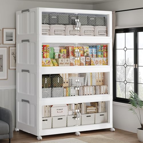 240GAL Plastic Storage Bins with Lid, 960QT Extra Large Stackable Closet Organizers and Storage, Collapsible Storage Boxes with Wheels, Folding Cabinet for Home Kitchen Office, 4Pack White - color: White, size: 60Gal-4Pack