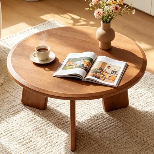 32" Round Coffee Table for Living Room, Wood Coffee Table with Solid Wood Legs, Small Center Table for Apartment, Modern Rustic Circle Coffee Table, Easy Assembly, Walnut - color: Circle, Walnut