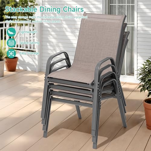 Patio Chairs Set of 4, All Weather Outdoor Dining Chairs | Stackable Dining Furniture Set, Breathable, High Back, Lawn, Garden, Backyard, Poolside Furniture - color: Brown