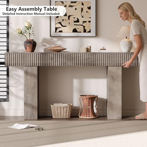 63-Inch Long Entryway Console Table with a Fluted Design, Thick Wood Farmhouse Sofa Table Behind Couch, Narrow Hallway Accent Table for Living Room, Foyer, Entrance,Grey - color: Grey, size: 63 Inch