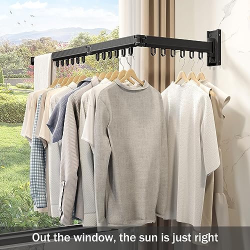 Wall Mounted Foldable Clothes Drying Rack, Heavy Duty 3-Fold Laundry Airer with Ring Hook Design, Space Saving Aluminum Rack for Balcony Bathroom Laundry Room,Black Rings - style: Black-Rings