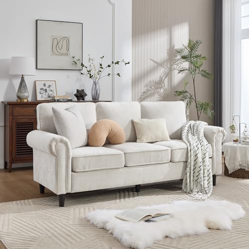 3 Seater Couch, Mid Century Modern Sofa with Rolled Arms and Deep Seats, Fluffy Comfort for Living Room, Apartment, Easy Assembly, Beige - color: Beige, size: Chenille Standard