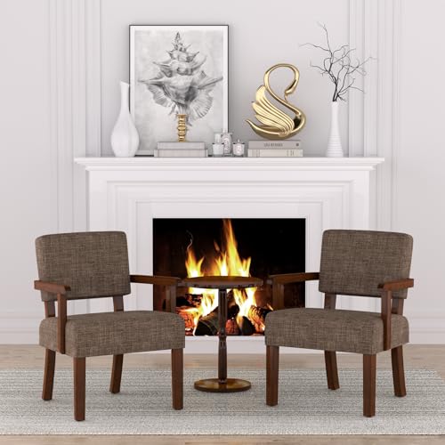 Accent Chair, Armchair with Solid Wood Frame and Legs, Brown | Upholstered Living Room Chair, Comfy Reading Chair for Bedroom, Waiting Room, Home Office, Easy Assembly - color: Linen Brown, size: One Chair