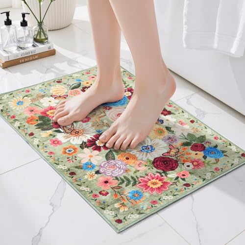 24x17 Inch Door Mat Indoor Entrance,Floral Area Rug Non Slip | Low Pile,Non-Shedding Small Rug for Kitchen,Entryway,Bedroom,Bathroom,Pet Friendly,Stain Resistant,Washable Modern Home Decor - color: Green, size: 1'4" x 2' (Rectangular)