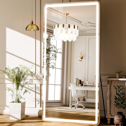 LED Full Length Mirror 71x32 inch Oversized Body Mirrors with Lights | Stepless Dimmable 3 Color Lighting, Wall Mounted Hanging Large Floor Standing Mirror for Bedroom Living Room Cloakroom, White - color: Rectangle, size: 71"L x 32"W