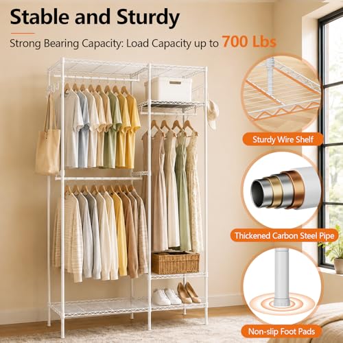 Clothes Rack with Adjustable Wire Shelves & Hanging Rods, White | Portable Clothing Garment Rack for Hanging Clothes, Freestanding Closet Organizer, Heavy Duty, Max Load 700Lbs - color: White