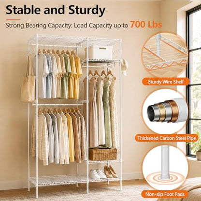 Clothes Rack with Adjustable Wire Shelves & Hanging Rods, White | Portable Clothing Garment Rack for Hanging Clothes, Freestanding Closet Organizer, Heavy Duty, Max Load 700Lbs - color: White