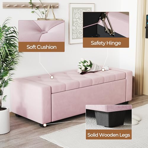 Storage Ottoman Bench,Large Entryway Ottoman with Storage, Rectangular Bench with Cushion and Safety Hinge for Living Room Bedroom - color: Pink