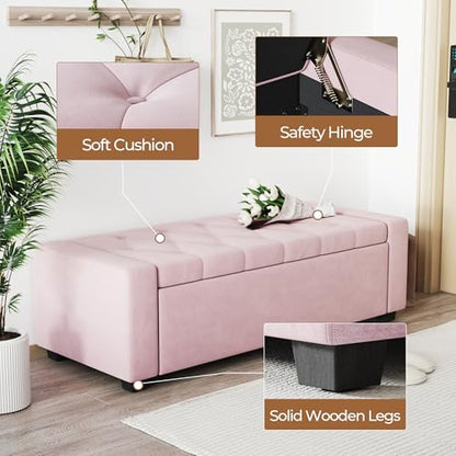 Storage Ottoman Bench,Large Entryway Ottoman with Storage, Rectangular Bench with Cushion and Safety Hinge for Living Room Bedroom - color: Pink