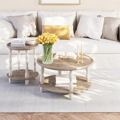 karlott Farmhouse Coffee Table, Tray Round Coffee Tables for Living Room | Solid Wood Veneer Tabletop, Pine Legs & Storage Shelf, Tray Tabletop, Rustic Boho Center Table, Easy Assemble for Living Room - size: 2 Tier Tray Coffee Table 30.3 Inches
