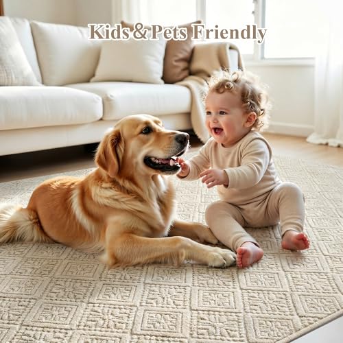 U'Artlines 8x10 Beige Washable Area Rug for Living Room | Soft Fluffy, High Low Textured Carpet, Modern Neutral, Geometric, Non Slip Rugs for Bedroom, Dining Room, Kids Room - size: 8 x 10ft