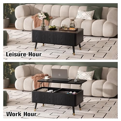 SULIVES Lift Top Coffee Table with Storage,Fluted Coffee Table with Lifting Top,Mid Century Modern Center Table with Solid Wood Legs,Small Coffee Tables for Living Room,Black - color: Black_rectangular