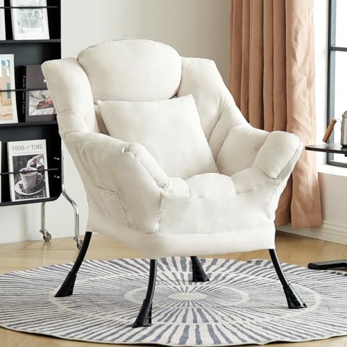 Lazy Chair, Comfy Reading Chair for Bedroom，Beige | Comfy Bedroom Accent Chair with Washable Removable Cover and extra throw pillow for Living Room Dorm - color: Peach Beige-single