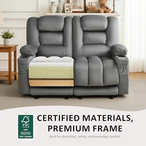 MCombo 56 in Reclining Loveseat Recliner with Heat & Massage PR648 (Grey) | 155° Zero Gravity, Dual Charging Ports, Cup Holders, FSC & OEKO Certified - color: Grey, size: Loveseat Recliner with Zero Gravity