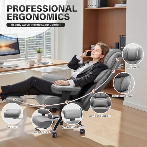 BestGlory Office Desk Chair, Big and Tall Leather Gaming Chair with Footrest, Wide Ergonomic Comfy Executive High-Back Reclining Computer Chairs, Swivel Rolling Wheels and Padded Lumbar Support, Gray - color: Grey, style: 3 Position Reclining