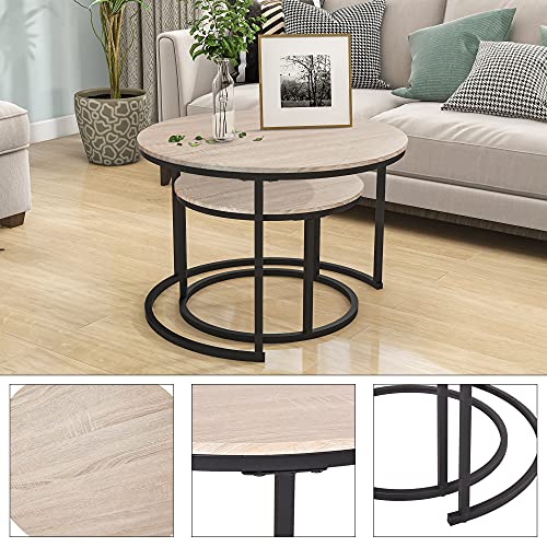 HOJINLINERO Round Coffee Table,Nesting Coffee Table Set of 2,Center Tables for Living Room,Office, Home Small Space,Stacking Side Tables,Sturdy and Easy Assembly,Wood Desktop,Black+Teak OAKDK,Large - color: Oak, size: Large