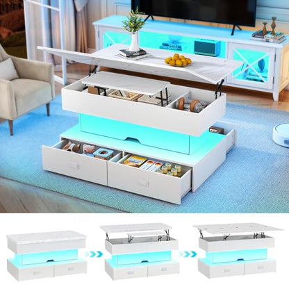 Turosur 40" Lift Top Coffee Table, Coffee Tables with Storage and 4 Drawer, Coffee Table with Lifting top with LED Lights for Living Room Home Office - color: White