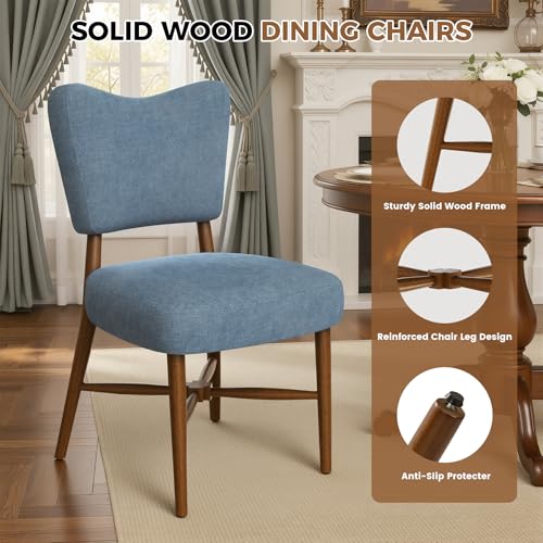 Farmhouse Dining Chairs Set of 2, Linen Seat, Wood Legs, Blue | Mid Century Modern, Upholstered Padded Cushion, Solid Wood Cross-Brace, Easy 15-Min Assembly, Kitchen Dining Room - color: Blue, size: Set of 2