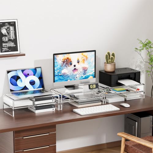 Egchi Clear Acrylic Monitor Stand Riser 2 Tier, 5.12 Inches High Clear Computer Desk Organizer Shelf for Multi Media PC Storage Laptop | Clear, Desk Shelf, for Multi Media PC Storage, Laptop Stand - size: 16''x8''x5.12''-2 Tiers