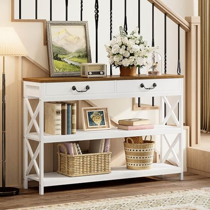 IRONCK 47.2" Farmhouse Console Table, Sofa Table with 2 Drawer, White | Narrow Long Entry Table with 2 Shelf for Entryway, Living Room, Hallway - size: 47.2inch
