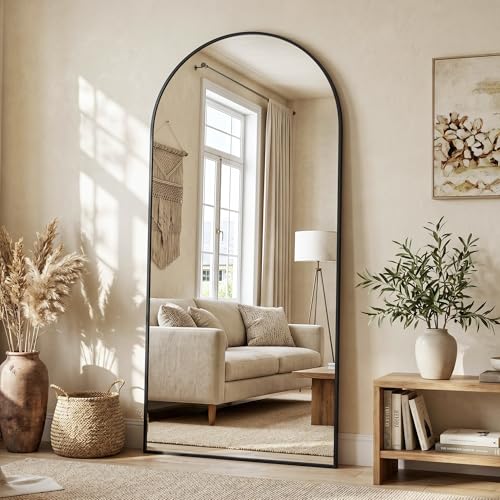 71"×32" Arched Full Length Floor Mirror, Standing Mirror with Aluminum Frame, Large Body Mirror of Free Standing/Wall Mount/Leaning for Bedroom, Living Room, Dressing Room, Black - color: Black, size: 71"L x 32"W