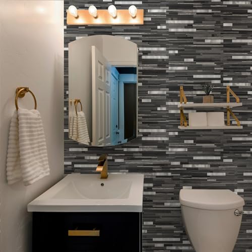 StyloVue 20 Sheets Peel and Stick Tile Backsplash, Black with Metal Gold Look Stick on Tile Upgrade Your Kitchen Backsplash, RV, Fireplace - color: Black Grey Wood With Metal Silver