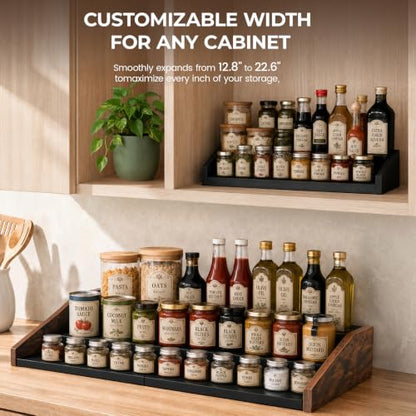 3-Tier Expandable Spice Rack Organizer, 12.8-22.6 in, Rustic Brown | Adjustable, Countertop Stepped wood & iron Seasoning Organizer, Shelf for kitchen Cabinet Pantry Jars Bottles Syrup - color: Rustic Brown