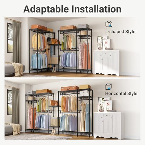 VIPEK V2 Heavy Duty Clothes Rack, Portable Metal Closet System, Black | Freestanding Wardrobe with 4 Tiers Adjustable Wire Shelving & 3 Hanging Rods Clothing Rack, Closet Organizer, Max Load 700LBS - color: Black, style: V2