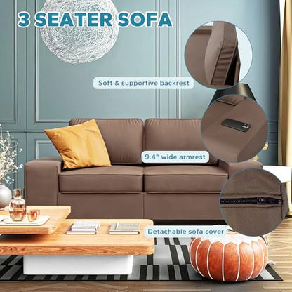71" Small Loveseat Couch, 2 Seater Leathaire Sofa with 4 Side Pockets, Removable and Washable Cushions, Living Room，Apartment, Office (Coffee) - color: Coffee Leathaire, size: 71 "