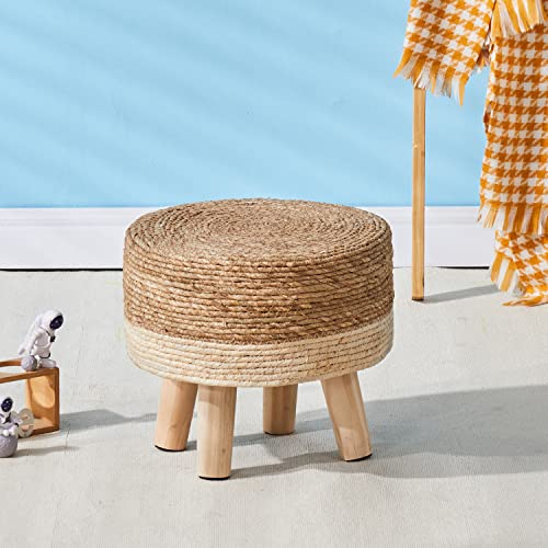Cpintltr Foot Stool Natural Seagrass Hand Weave Poufs Round Ottoman for Couch Desk Soft Step Stool Padded Foot Rest with Non-Skid Pine Legs for Hallway Office Lounge Natural/White - color: White