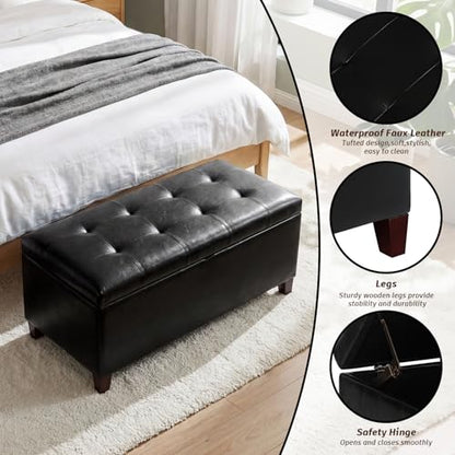 Storage Ottoman Bench, 33 Inches Faux Leather Rectangle Tufted Foot Stool for End Foot of Bed, Bedroom, Living Room, Black - color: Rectangular Black