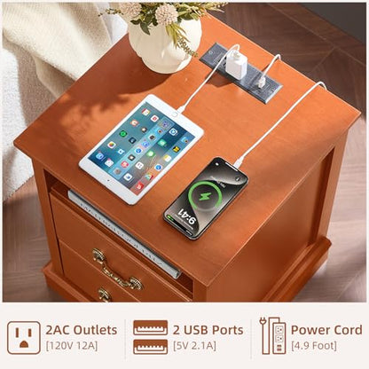 Farmhouse Night Stand with Charging Station, Caramel | 2 Drawers End Tables Bedroom, Bedside Table with Rustic Handles & Floor-Standing Thickened Foot & Open Shelf - color: Caramel, size: 18"D x 18"W x 24"H (2 Drawers)
