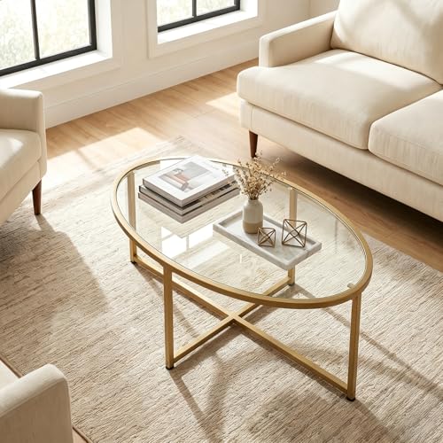 Wolawu Coffee Table Gold Oval Glass Coffee Tables for Living Room,Modern Gold Metal Frame Tea Tables for Small Space, Tempered Glass Top Center Table with Stable Cross Base for Bedroom, Office,Balcony - color: Gold Glass