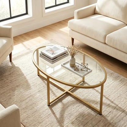 Wolawu Coffee Table Gold Oval Glass Coffee Tables for Living Room,Modern Gold Metal Frame Tea Tables for Small Space, Tempered Glass Top Center Table with Stable Cross Base for Bedroom, Office,Balcony - color: Gold Glass