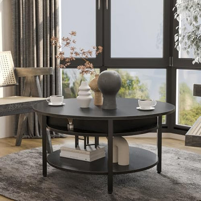 FABATO 26.77” Round Lift Top Coffee Table with Storage, Black | Farmhouse Coffee Table, 2 Tier Small Round Center Table, Center Table for Living Room, Circle Dining Table - color: Black