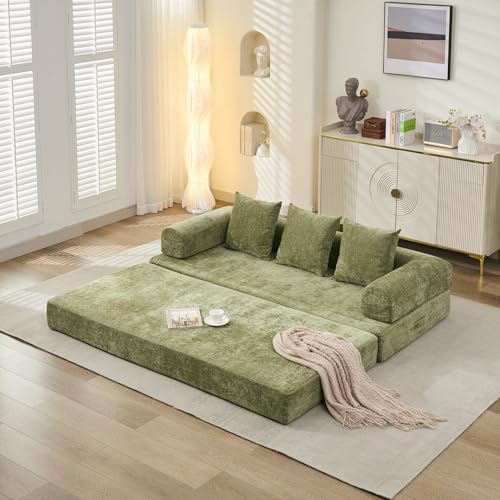 Convertible Folding Sofa Bed Modular Floor Couch, 78.8‘’ Cloud Sleeper Sofa with Removable Backrest, Chenille Foldable Mattress Couch, Lazy Loveseat for Small Space, Apartment, Bedroom, Green - color: #3-green