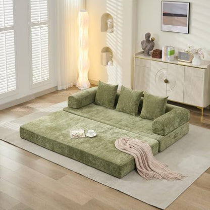 Convertible Folding Sofa Bed Modular Floor Couch, 78.8‘’ Cloud Sleeper Sofa with Removable Backrest, Chenille Foldable Mattress Couch, Lazy Loveseat for Small Space, Apartment, Bedroom, Green - color: #3-green